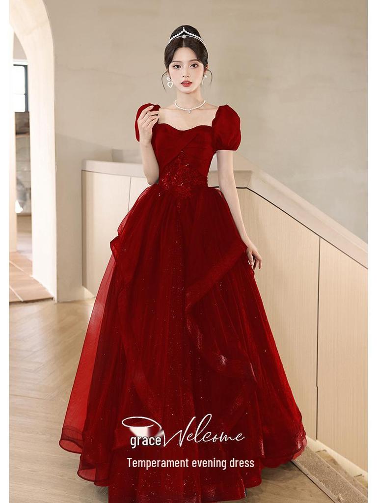 2025 Luxury Red Bridal Toasting Dress: New Style Long Evening Gown for Engagements and Weddings