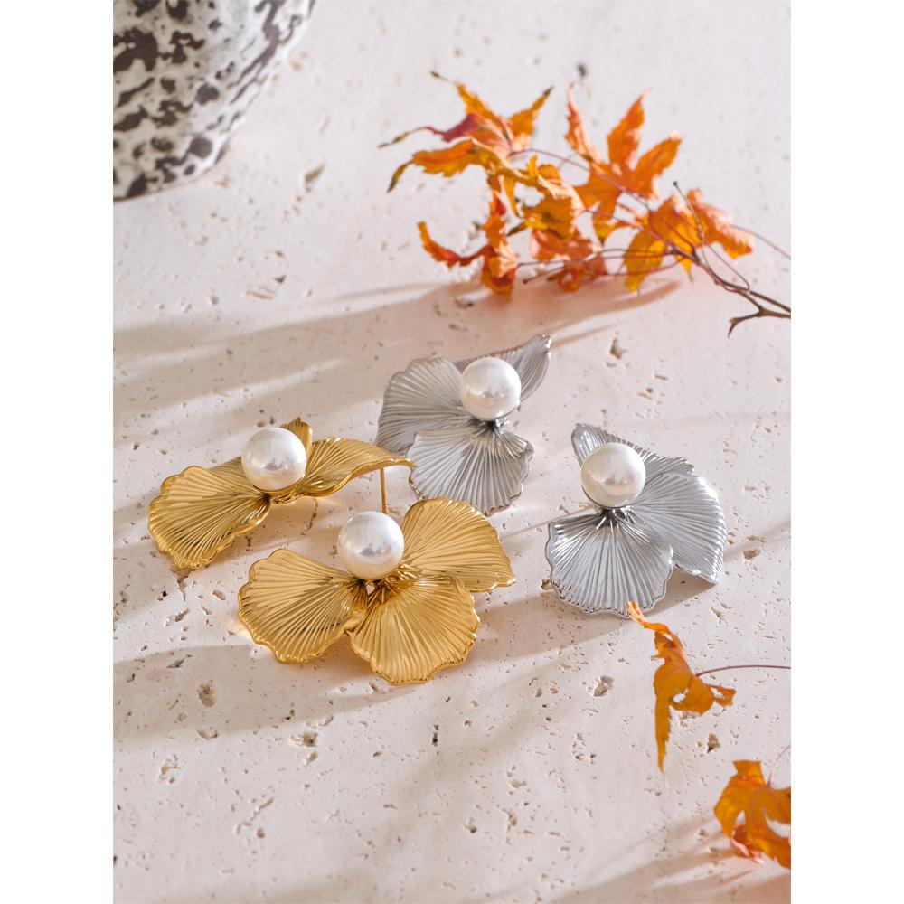 Yhpup Big Flower Fashion Gold Platinum PVD Plated Statement Stud Earrings Jewelry for Women Inlay Quality Imitation Pearl