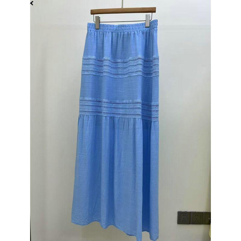 

Foreign Order Golden * Soft Low Saturation Age-Reducing Hollow out Stitching Cotton and Linen Dress Skirt High Waist A- line Skirt Blue S
