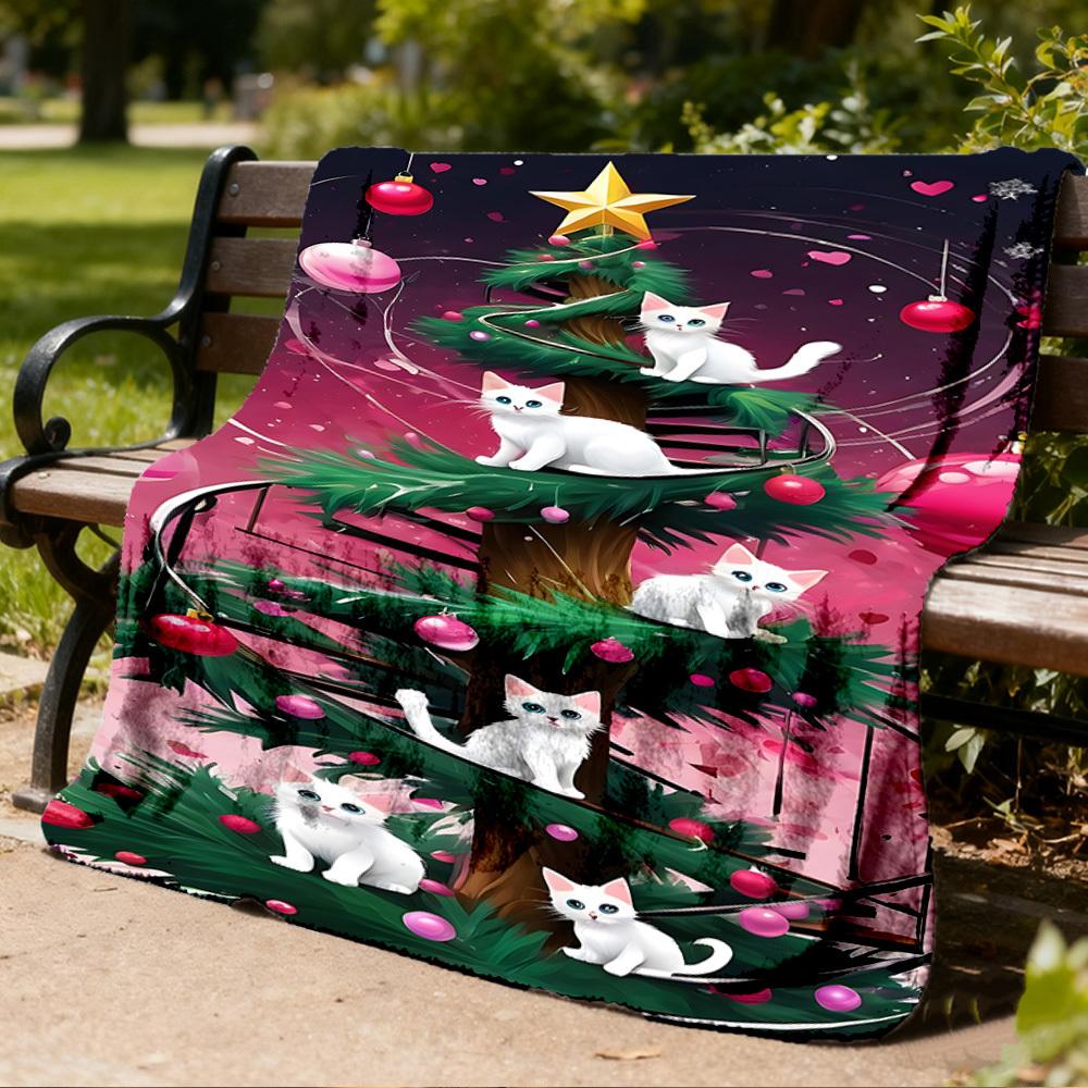 1pc Christmas Tree Cats Outdoor Flannel Blanket , Machine Washable Perfect Gift for Birthday , Holiday Travel Accessory , Durable Material