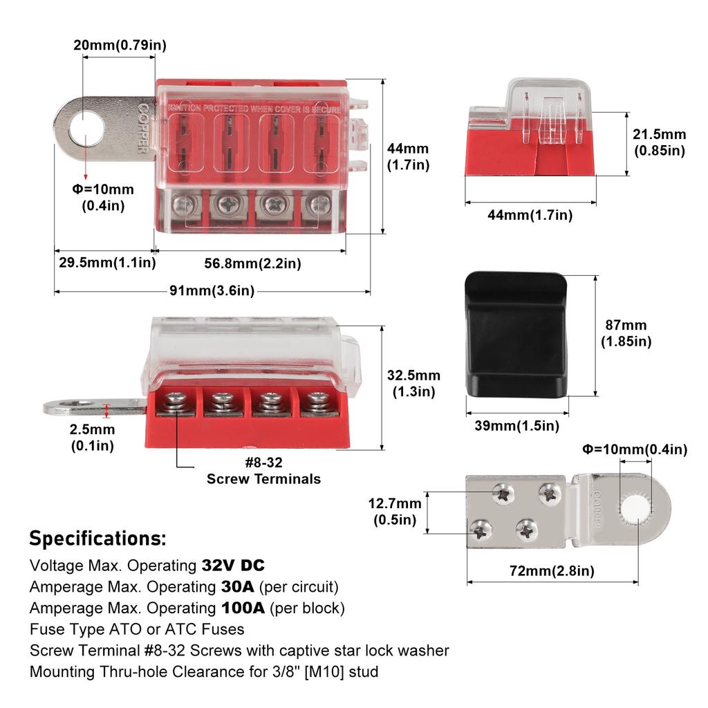 M10 100A 32V 4 Circuit Kit  ST Blade Fuse Block Battery Terminal Mount Busbar Boating Equipment For Car Yacht Truck