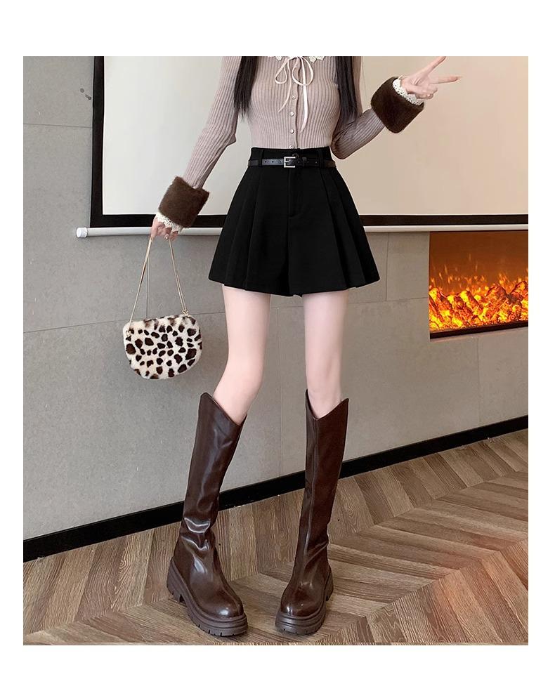 Dámské 2024 hnědé plisované vlněné šortky s vysokým pasem: Kalhotová sukně se širokými nohavicemi, podzimní/zimní styl