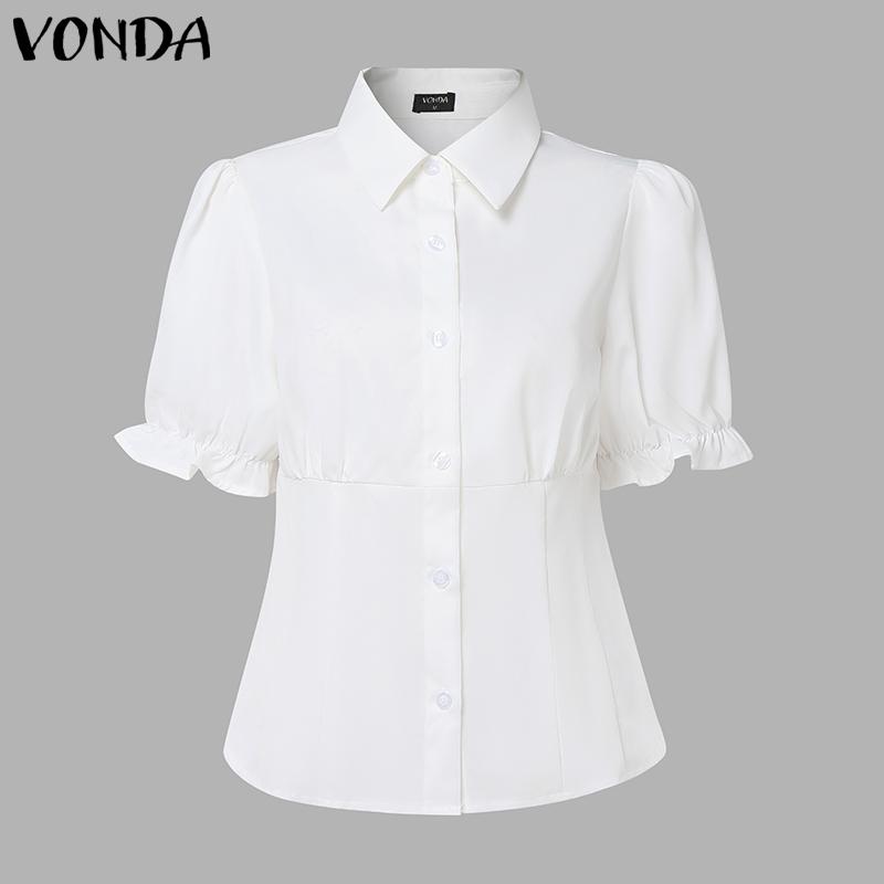 VONDA Women Turn-down Collar Short Sleeve Slim Waist Casual Short Blouse