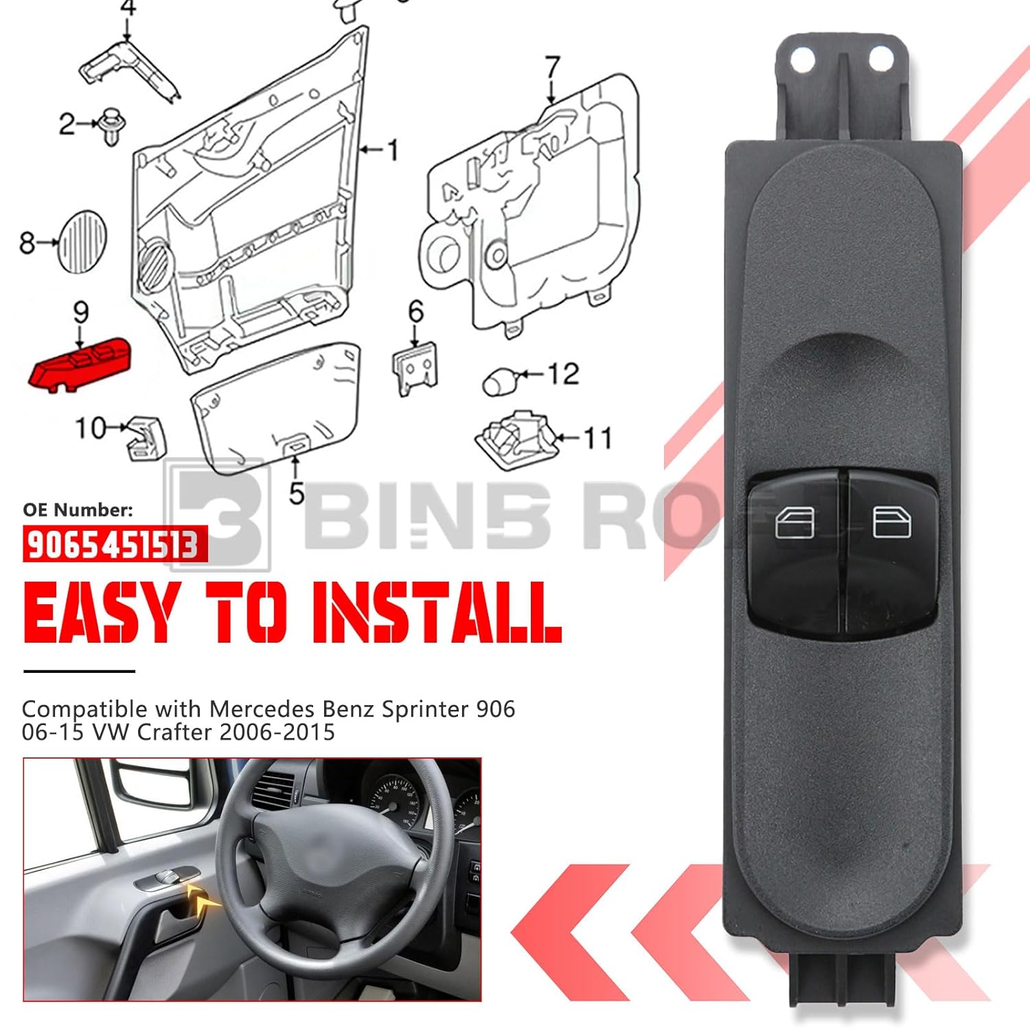 9065451513 Power Window Switch Driver Side Window Lifter Electric Master Control Switch Compatible with Mercedes Benz Sprinter 906 2006-2015