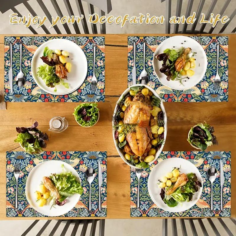 VIKAMA William Morris 'Strawberry Thief' Placemats Set of 4 Heat Resistant Washable Table Mats for Kitchen Dining Home Art Decor
