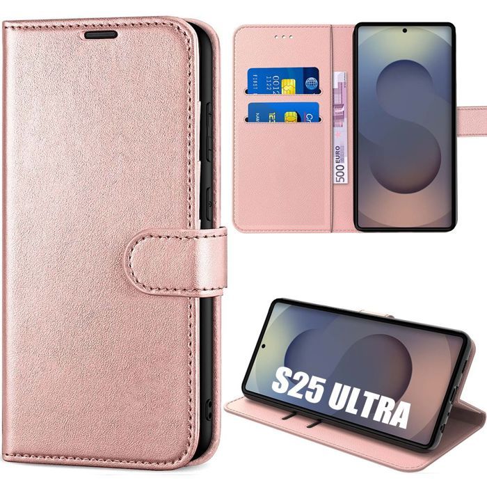 Coque de protection - BOOLING - Samsung Galaxy S25 Ultra - Cuir PU Rose - Antichoc - Support intégré