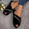 Fashion Crystal Decor Faux Fur Slippers Women Autumn Winter Cross Band Home Slides Woman Comfort Flat Solt Plush Slippers Female