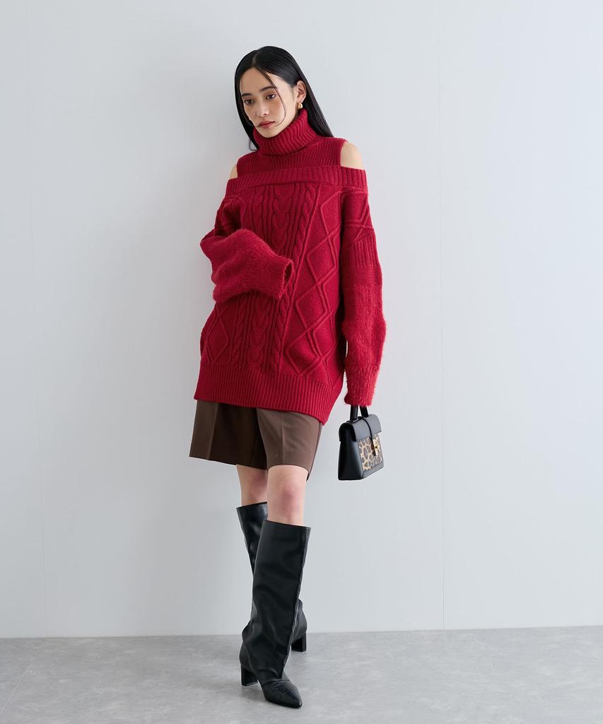 Washable Cable Knit Red F [BIS] Off-the-Shoulder Dress, Women's, BVE44140, (Size 60),