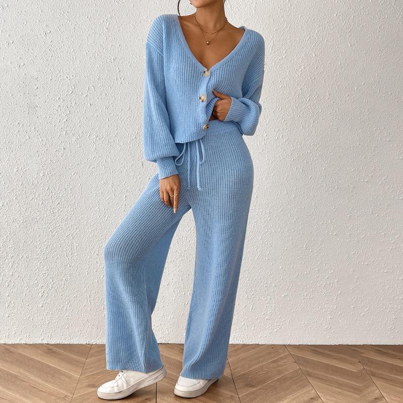 Women S Two Piece Set Long Sleeve Open Front Cardigan Wide Leg Pants Solid Color