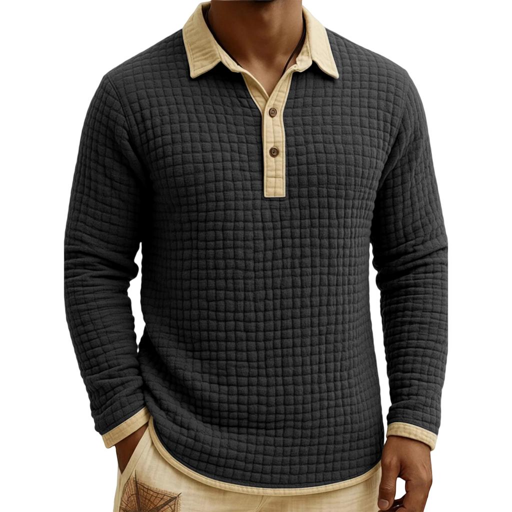 Men's Quilted Knit Color,blocked Pullover Button,down Top