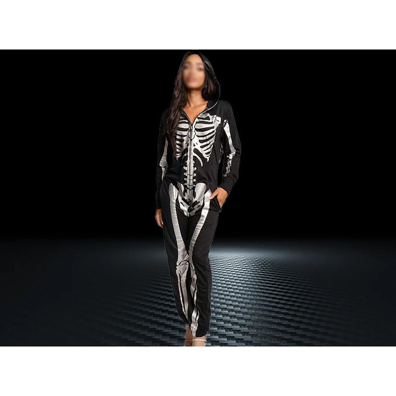 2024 Halloween Cross-Border Amazon New Hooded Skeleton Print Long-Sleeve Long-Pants Jumpsuit Sweatshirt for Women