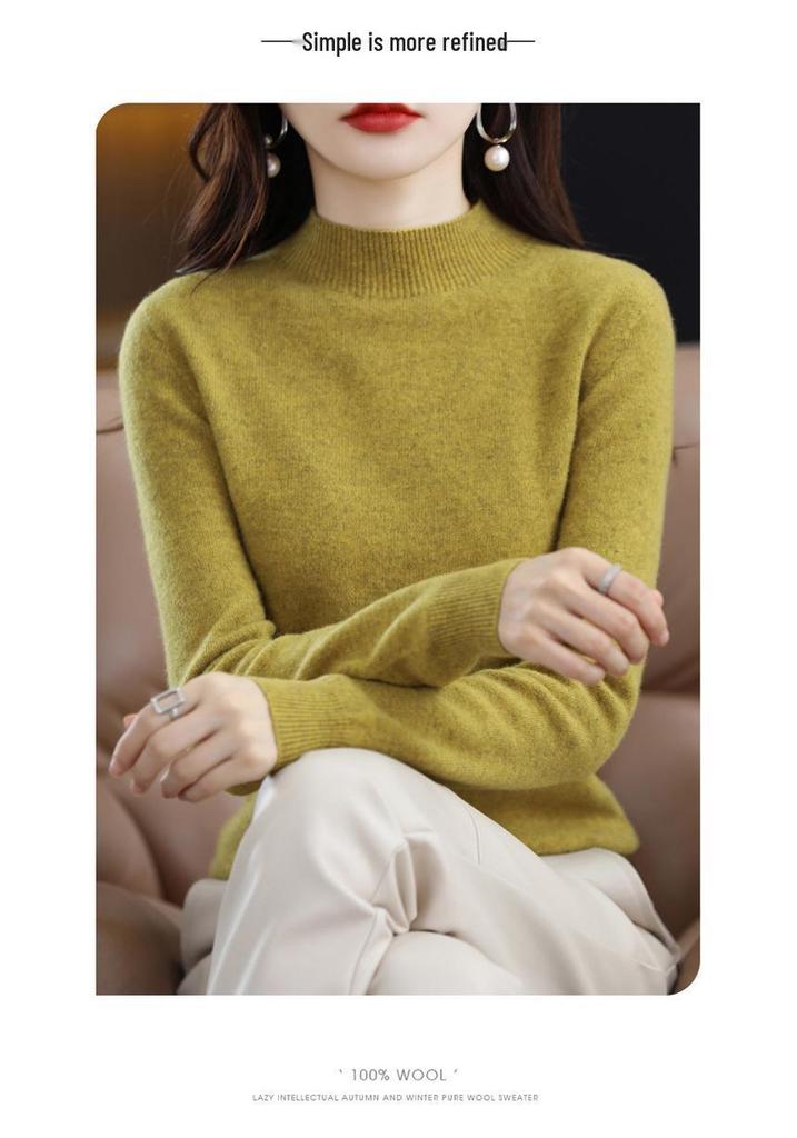 Women's Cashmere Knit Sweater - 2023 Autumn/Winter, Half-High Neck, Slimming Fit, Solid Color Pullover