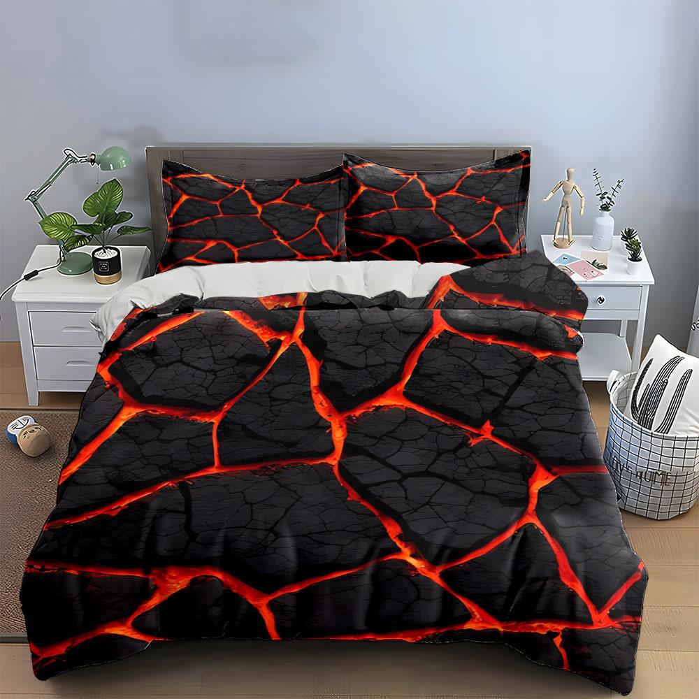 3Pcs Lava Crack Print Bedding Set Volcano Magma Texture Duvet Cover + 2 Pillowcases Soft Polyester for Teens Bedroom Gifts