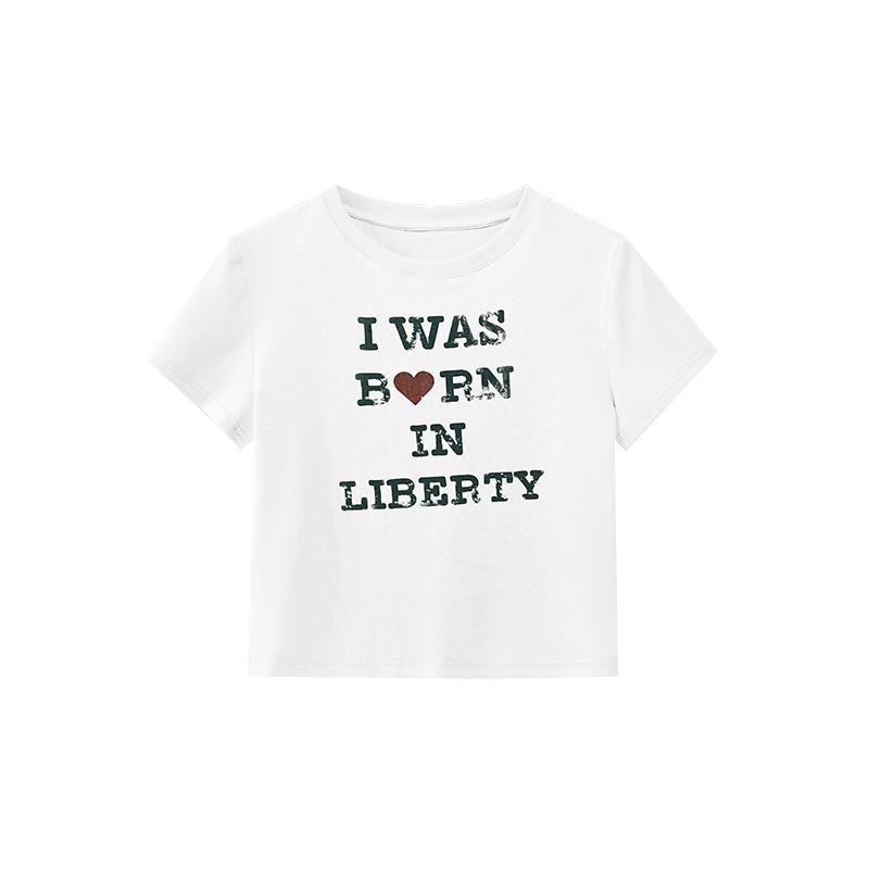 

2025 Летняя женская футболка Slim Fit с короткими рукавами и круглым вырезом с буквенным принтом S5028 Medium покинуть белый