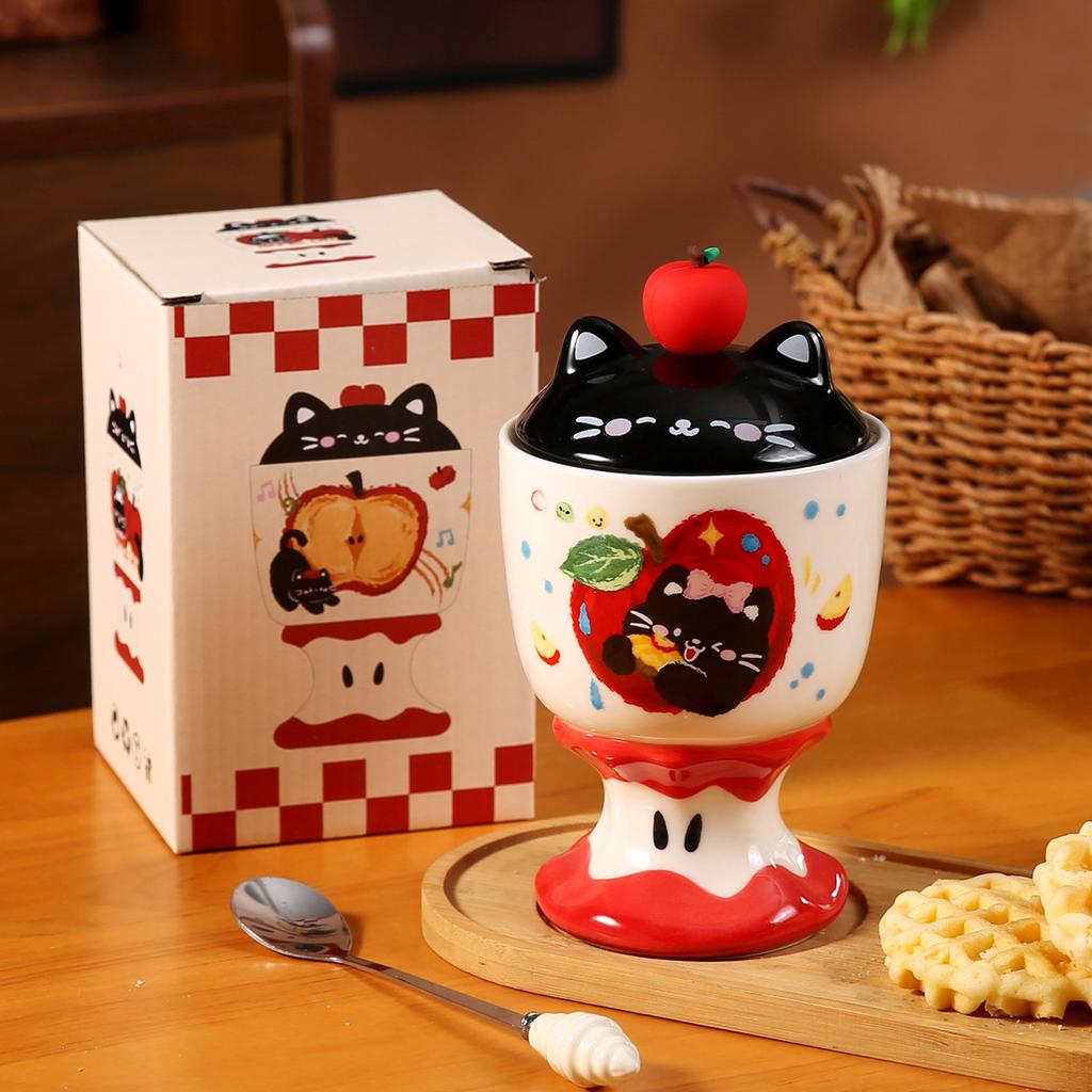 Handbemalter dreidimensionaler Apfelkern-Kelch Niedliche lustige Apfel-Katze Keramiktasse Geburtstags-Souvenir Mädchenbecher