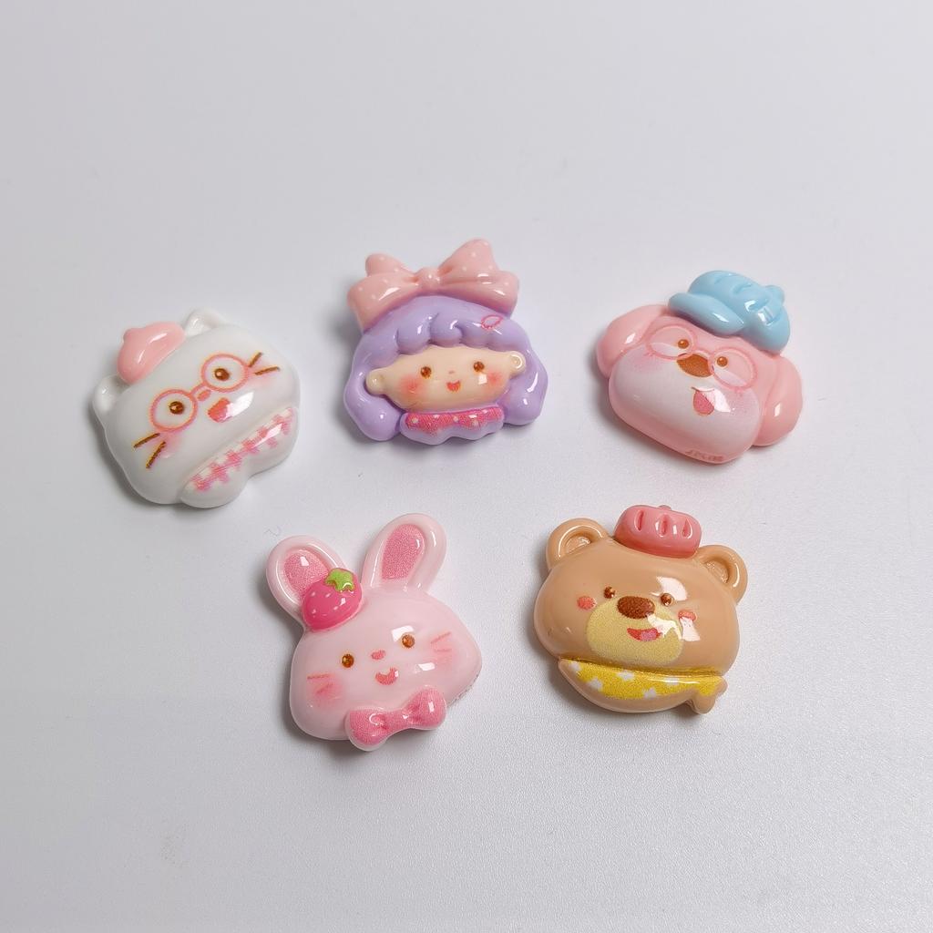 Bulk 100Pcs/Lot Lovely Strawberry Rabbit Cat Dog Bear Bowknot Girl Head Flatback Resin Cabochons No Hole Beads for Jewelry DIY