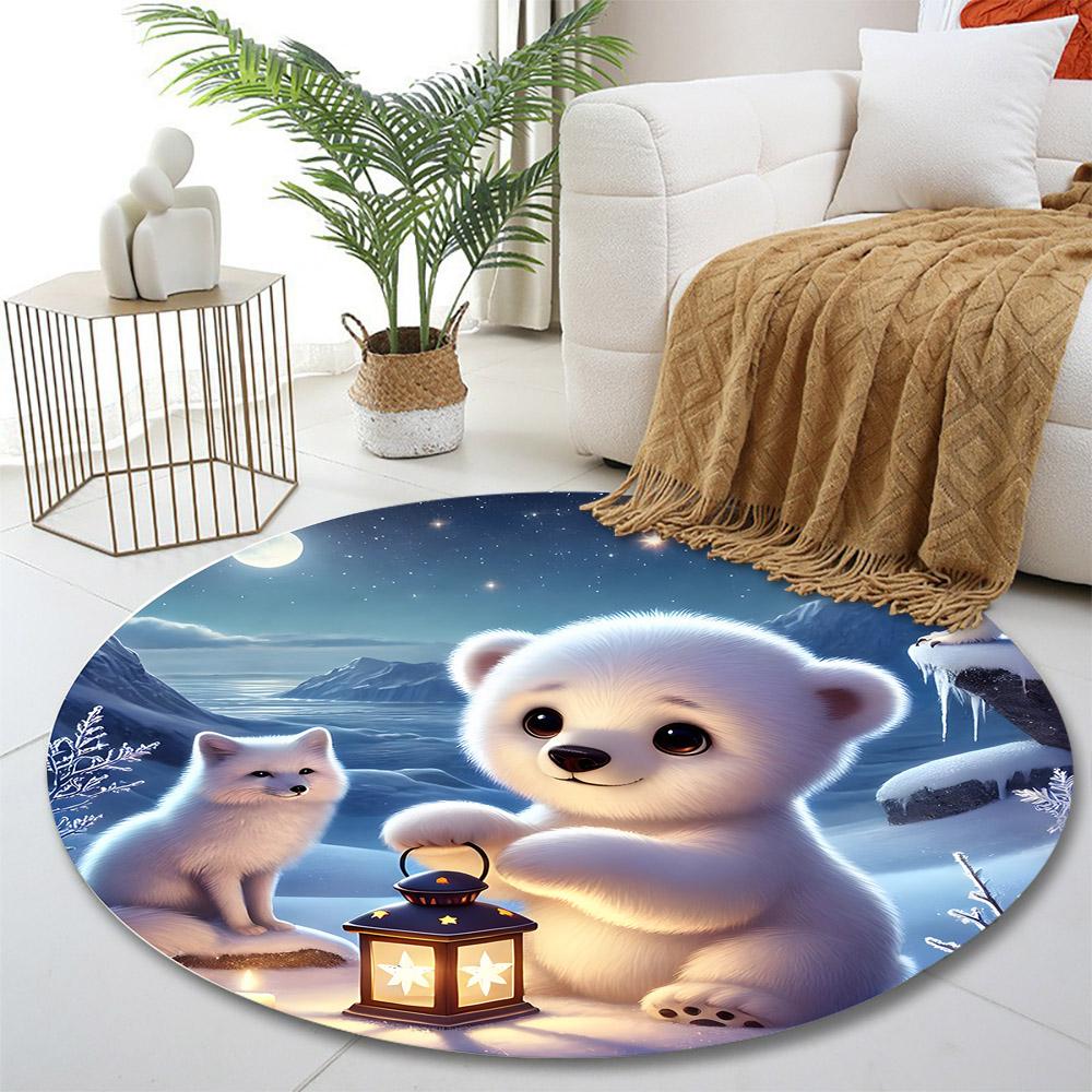 "Polar Bear and Arctic Fox with Lantern" Print round rug, living room, bedroom, playroom carpet, non slip floor mat, gift