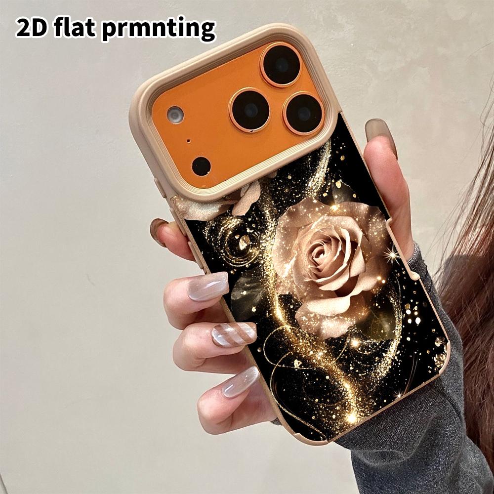 Phone Case: 2D flat lambskin suitable for iPhone 18 17 16 15 14 13Pro film protective case,champagne gold rose, Christmas and Halloween gift