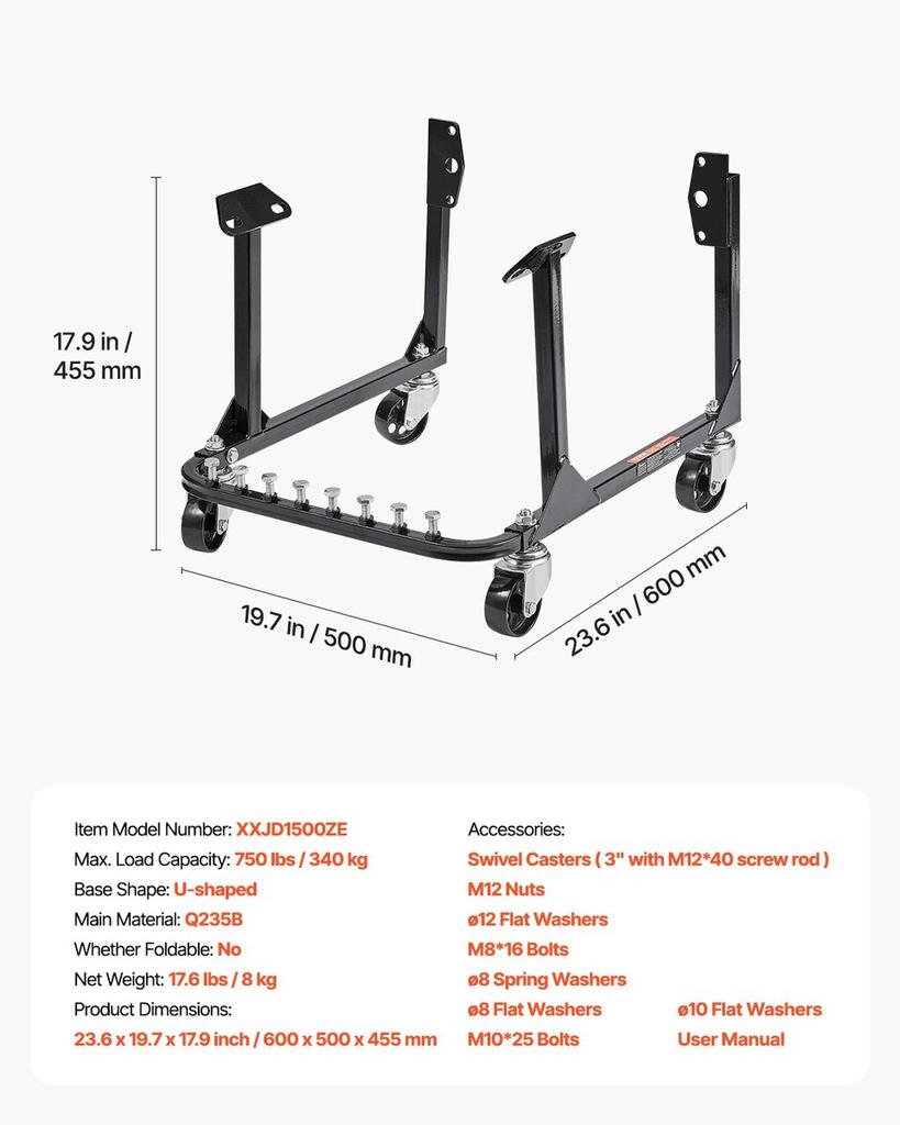 Engine Stand 750LBS/340KG Motor Hoist Dolly with 4-Caster Heavy-Duty Steel