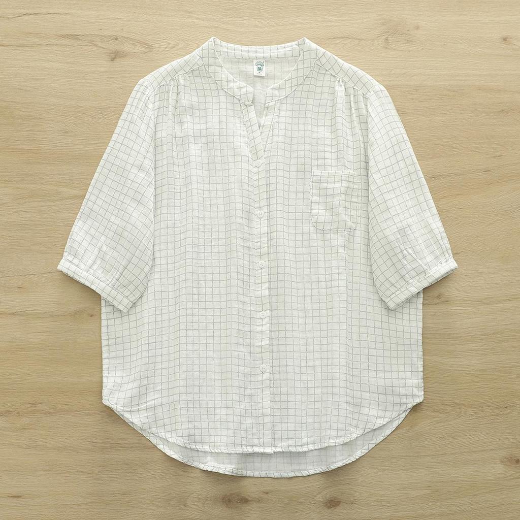 Reine Baumwolle V-Ausschnitt Kariert Damen Kurzarm Doppellagiges Mullhemd