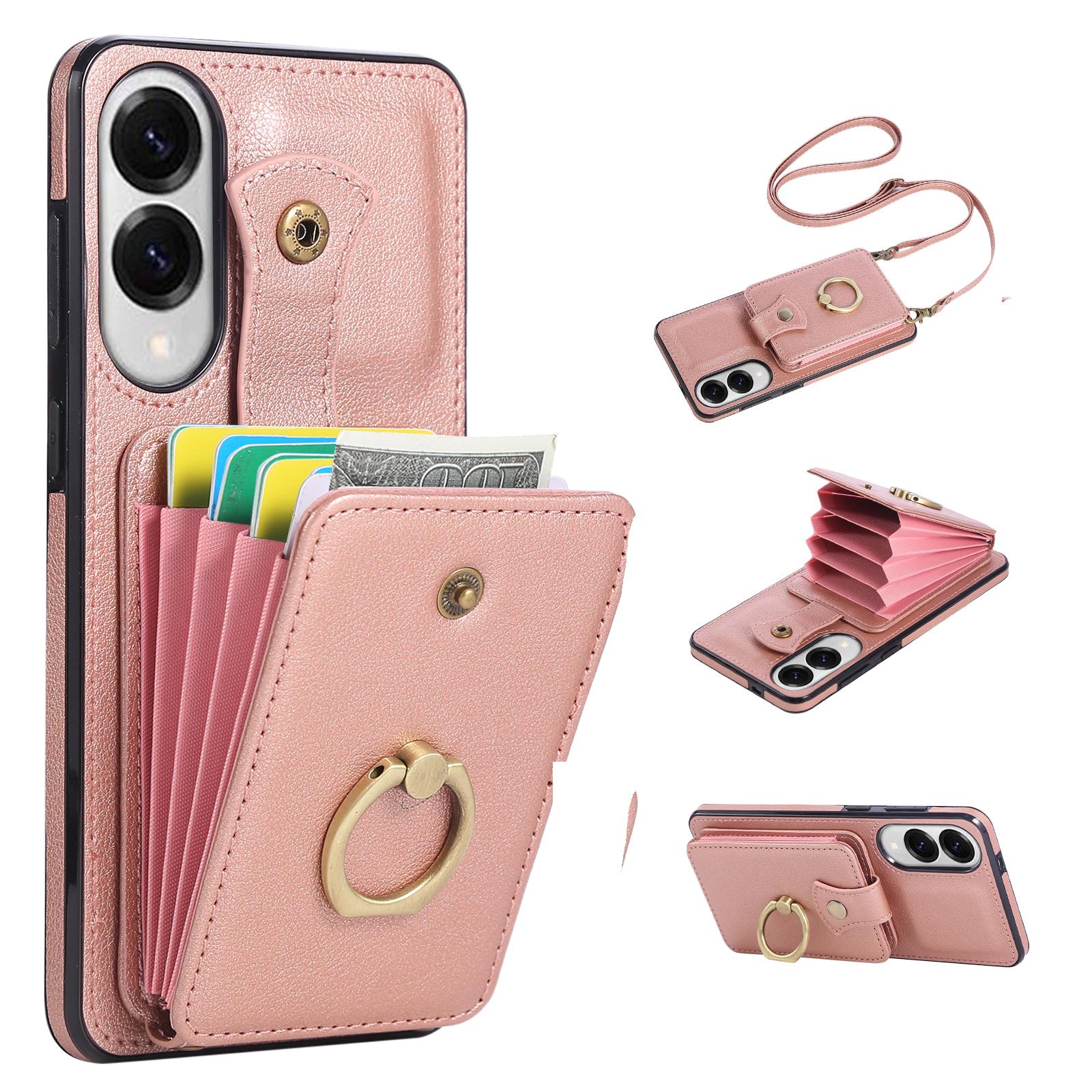 

For Samsung Galaxy S25 Edge Case Card Holder Ring Kickstand TPU+PU Leather Phone Cover with Long Strap Rose Gold