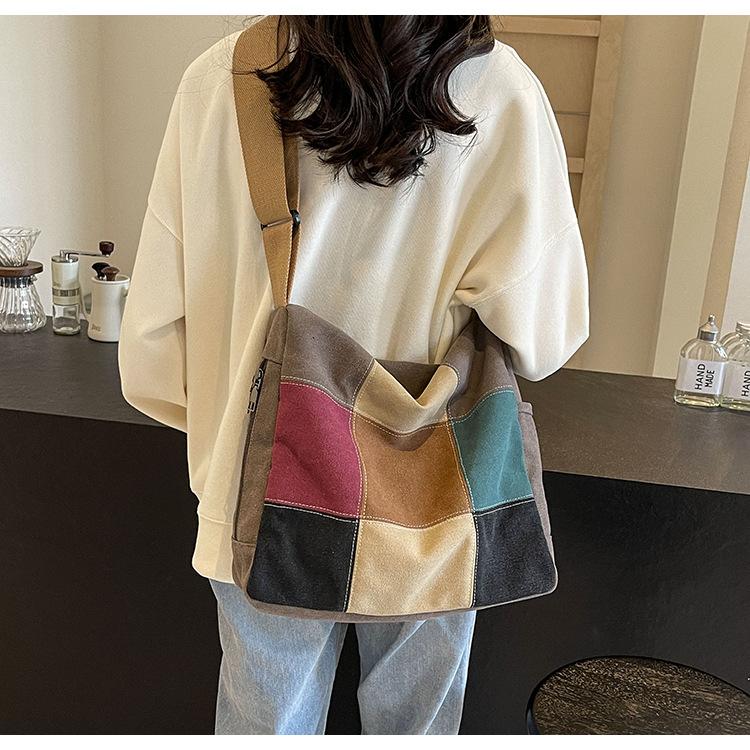 New Color Matching Tote Bag, Japanese and Korean Shoulder Messenger Bag, Retro Student Make-up Bag, Large-capacity Canvas Bag