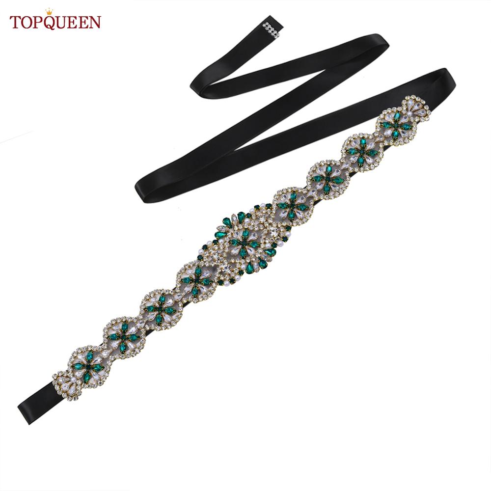 TOPQUEEN S161-KL Neuer Brautgürtel für Hochzeitskleider für Frauen in Gold, handgefertigt, Luxus-Schärpe, Zubehör für das tägliche Partykleid, grüner Strass