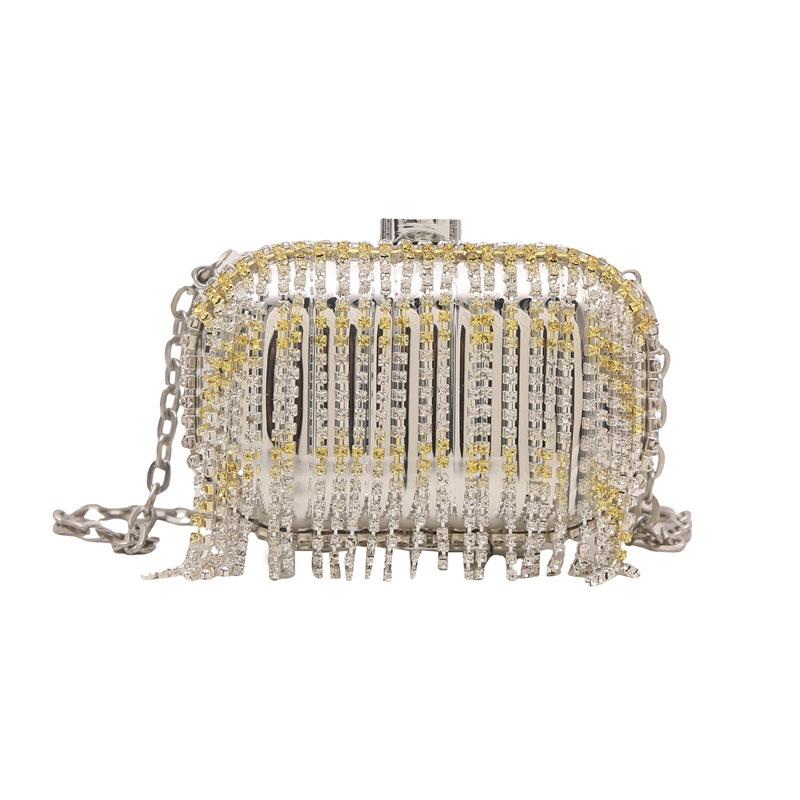 Dinner bag for women Metal mini rhinestone tassel shoulder bag women's chain crossbody chain box gold evening bag