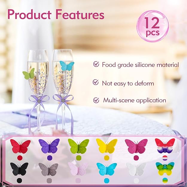 12Pcs Wine Glass Charms, Butterfly Charms, Wine Glass Charm for Parties, Saloon, Potlucks, Weddings