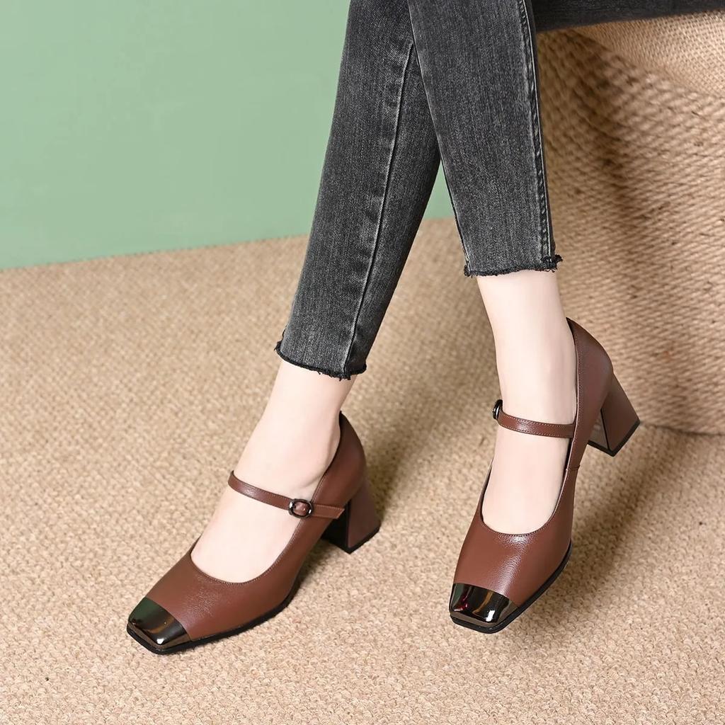 sapatos femininas women fashion round toe black comfort spring & summer square heel shoes lady brown office work pumps ga625