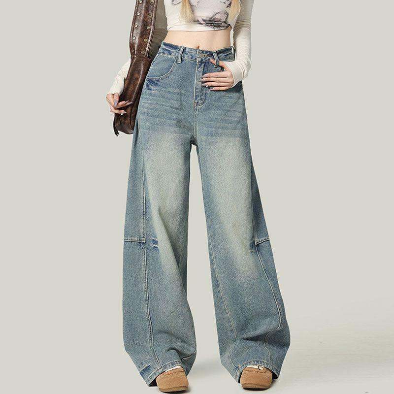

Новые женские джинсы с высокой талией и широкими штанинами 2025 - Свободные, больших размеров, длиной до пола для весны, лета и осени 4XL светло-синий