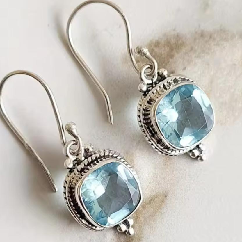 Retro and Trendy Square Inlaid Zircon Pendant Earrings, Women's Personalized Ethnic Style Holiday Accessories Jewelry