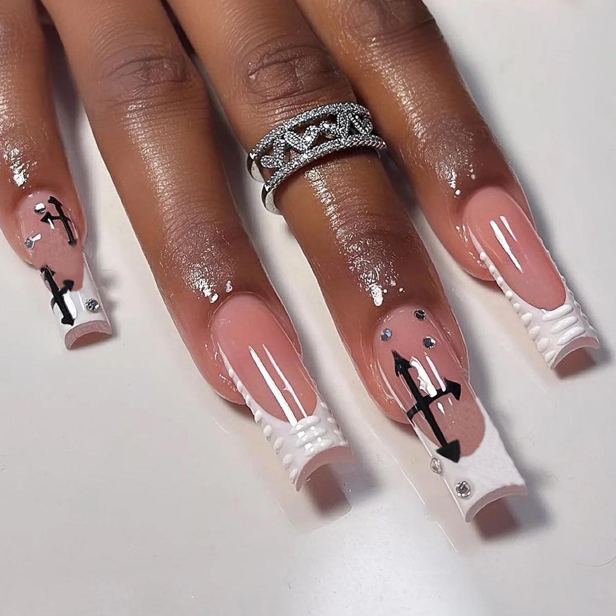 

White French 3D Rhinestone Removable False Nails
