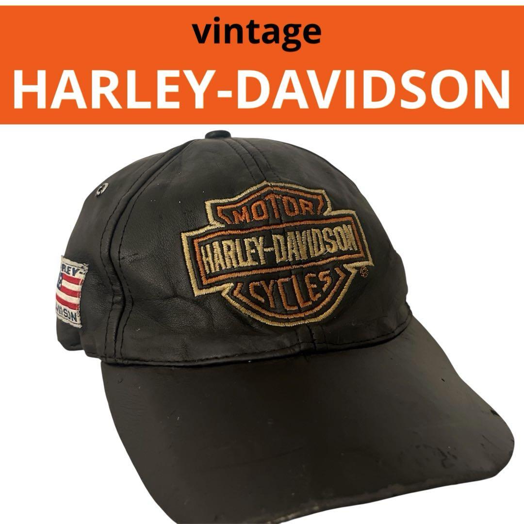

[USED] HARLEY-DAVIDSON Embroidered Vintage Leather Cap in Black