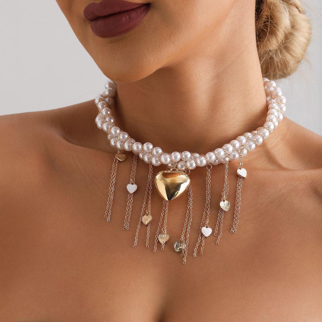Accessories, Personalized Retro Style Exaggerated Peach Heart Collarbone Chain, Neck Chain, Trendy Multi-Layer Pearl Necklace