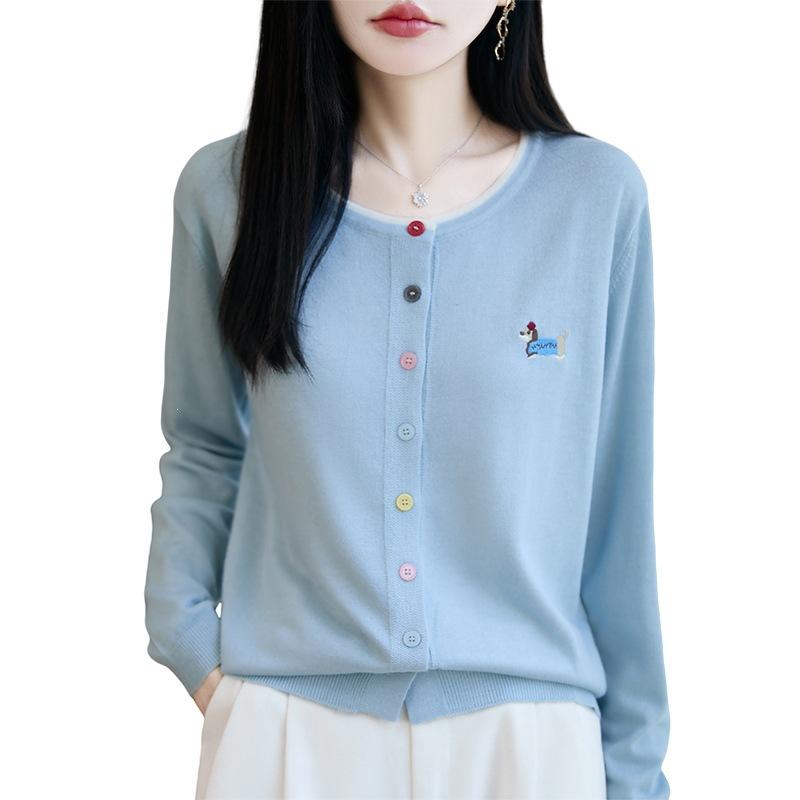 Round-neck Knitted Cardigan with Long Sleeves, Embroidered Puppy Pattern In Multi-color, As A Coat or Outerwear
