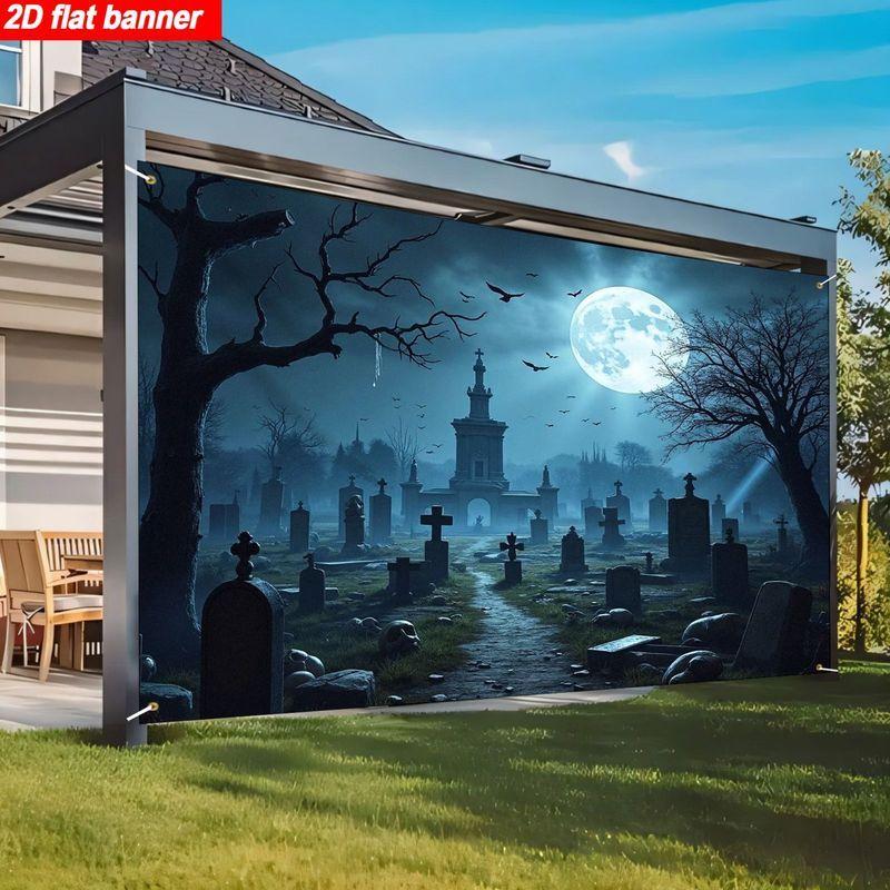1 piece 2D flat Halloween cemetery banner, haunted gothic-themed background costume suitable for outdoor parties