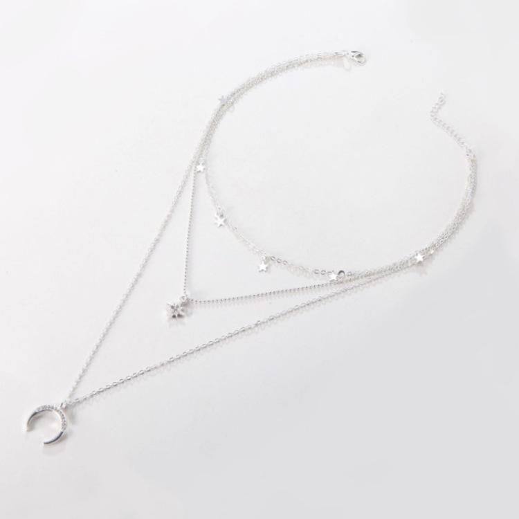 C148 Fashion Trend New Street Style Five-Pointed Star Full Diamond Moon Pendant Women's Multi-Layer Necklace