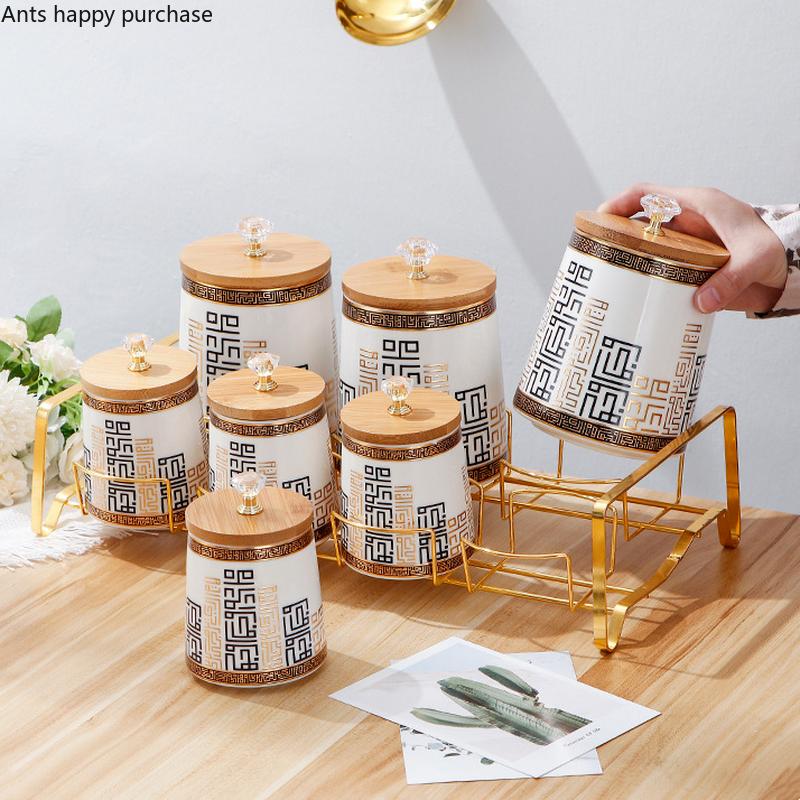 Bamboo Lid Storage Jar Ceramic Airtight Jar Kitchen Supplies Storage Tank Organizer Food Storage Containers Spice Jars Tea Caddy