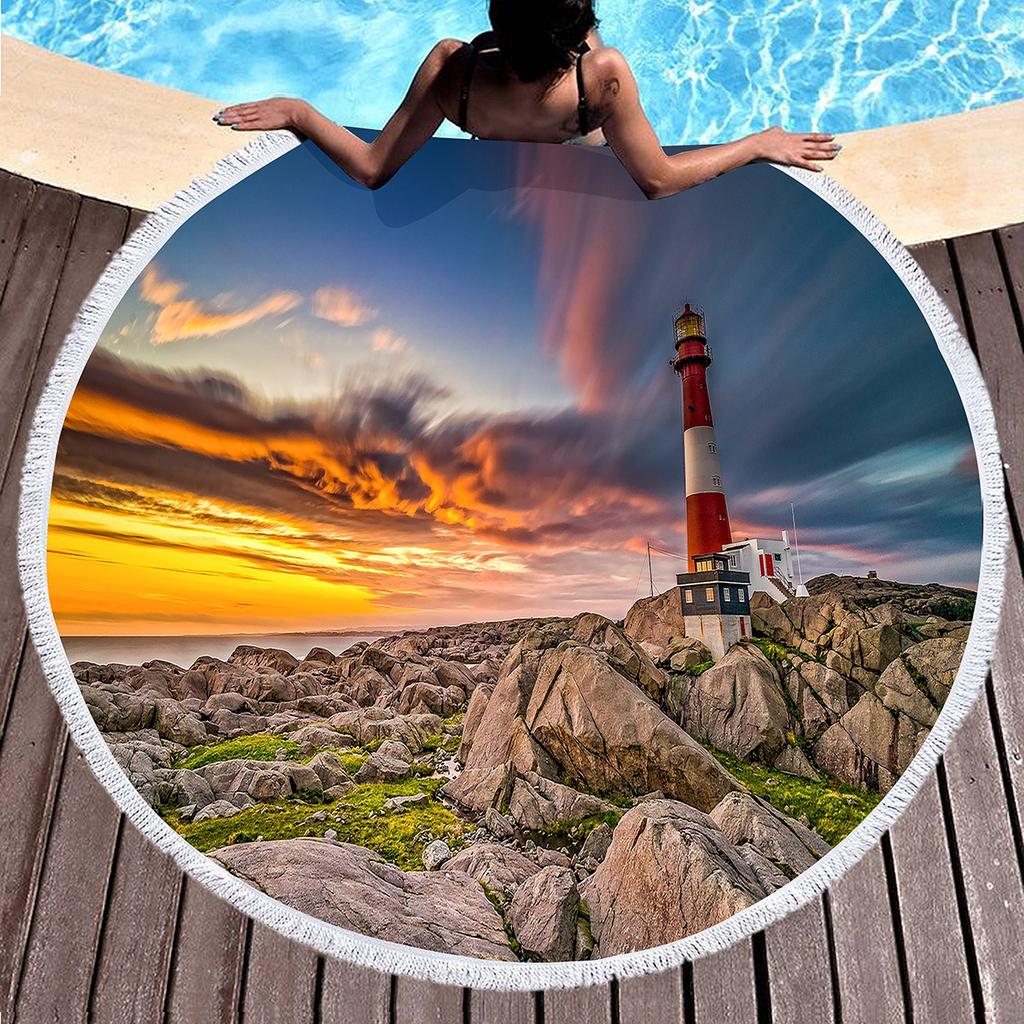 Lighthouse Round Beach Towel with Tassels Microfiber Quick Dry Beach Blanket Sand Free Absorbent Swim Pool Circle Towel Yoga Mat