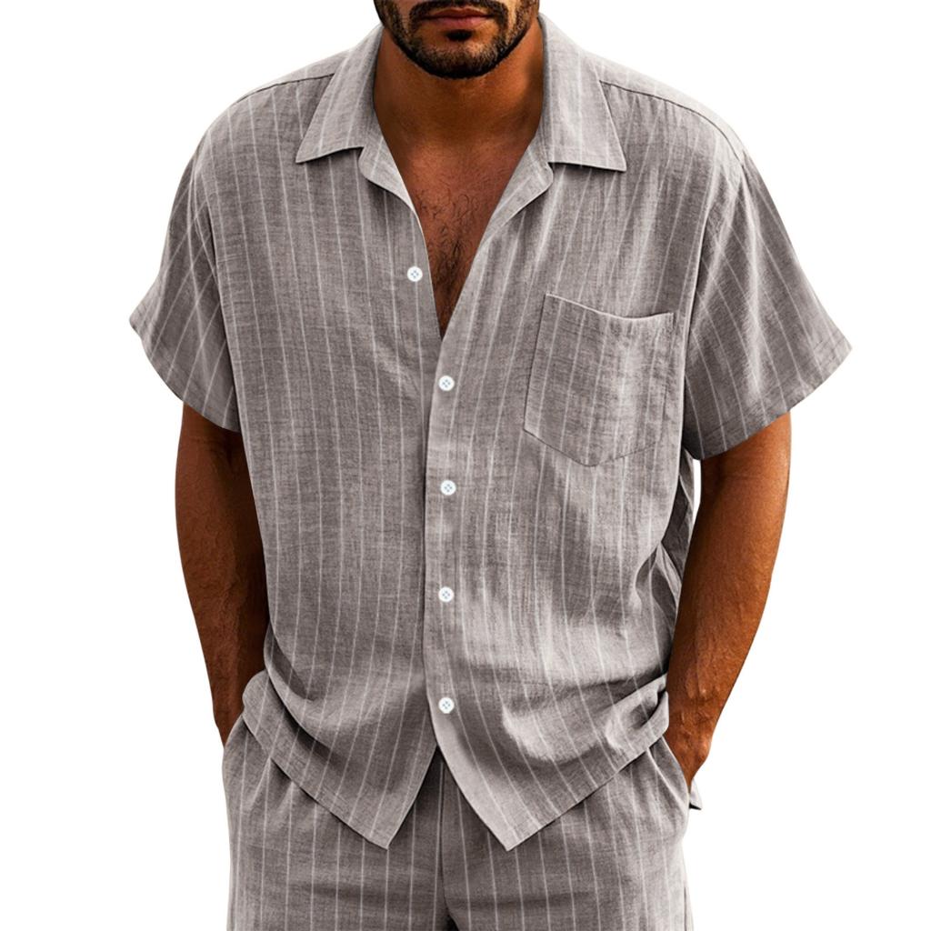 Men's Linen Button Down Shirt Vertical Stripe Pattern Short Sleeve Casual Loose Fit Breathable Summer Shirt with Turn Down Collar