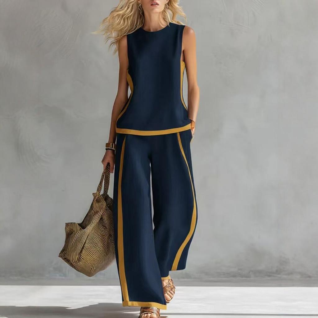 Elegantes ärmelloses Pullover- und Hosenanzug-Set mit Rundhalsausschnitt für Damen, lässig, mit Taschen, locker, 2-teilig, Mode, kontrastierende Farben, Sommer-Outfits