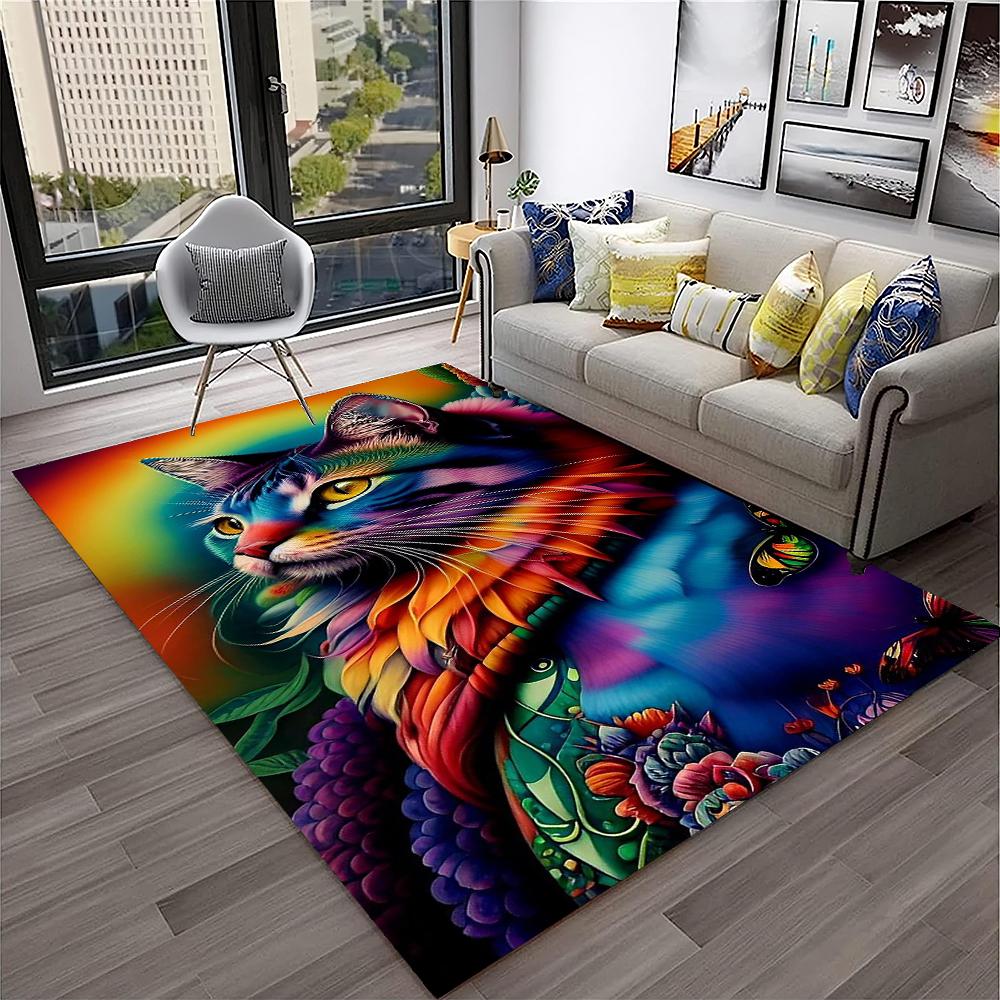 Cute Cat Flower Pastoral Cartoon Carpet Rug for Home Living Room Bedroom Sofa Doormat Decor,Kid Play Area Rug Non-slip Floor Mat