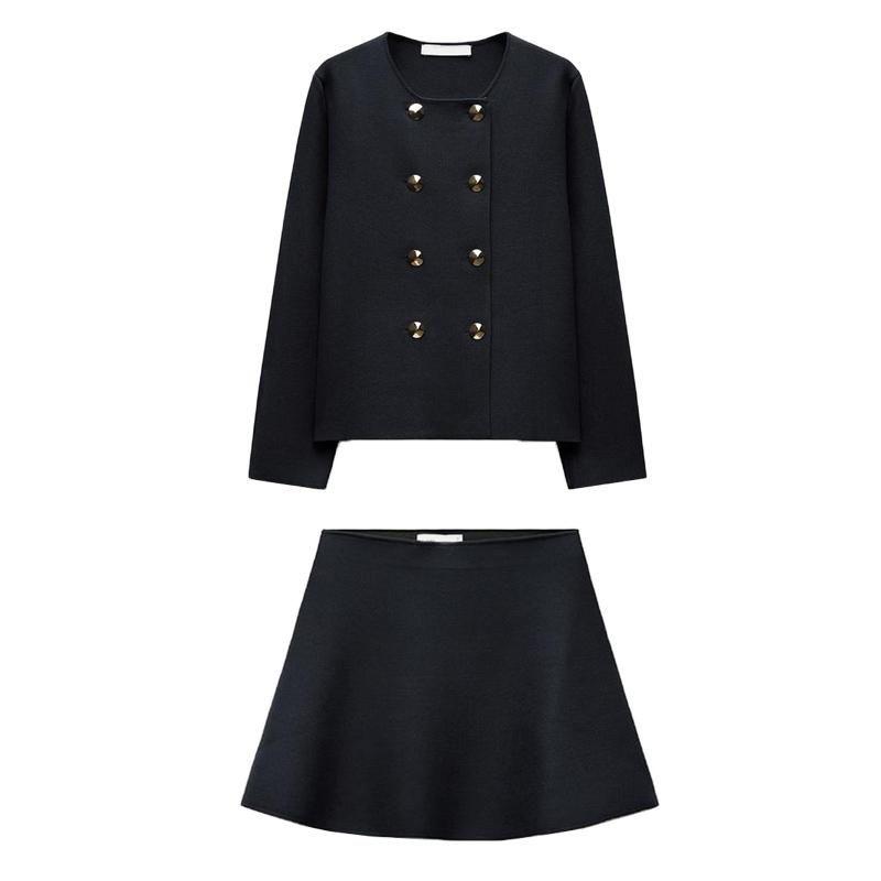 Autumn and Winter Simplicity Mini Skirt 4192134 Plain Stitch Double Breasted Silm Commuter Long Sleeve Crew Neck Coat 4192133