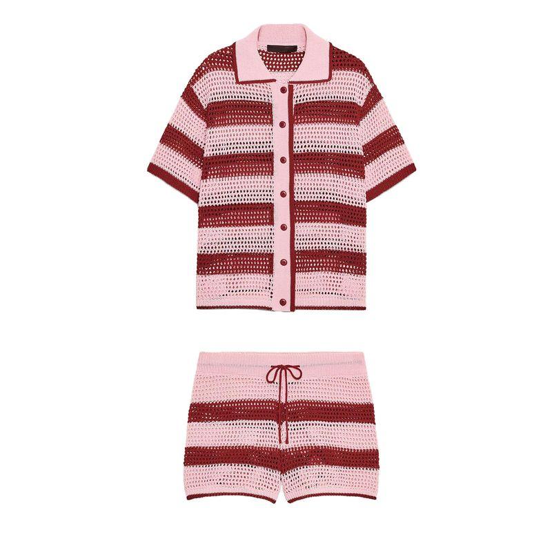 Stripes Polo Shirt Short Sleeve Knitting Outwear 3920284 High Waist Temperament Leisure Knitting Shorts 3920285