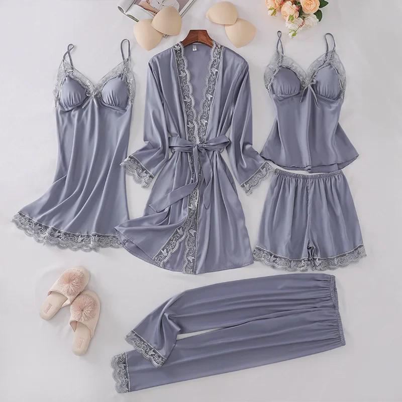 Conjunto de Pijama de Seda e Renda para Mulher - 5 Peças com Camisola de Manga Comprida, Camisola e Shorts para Primavera, Verão e Outono