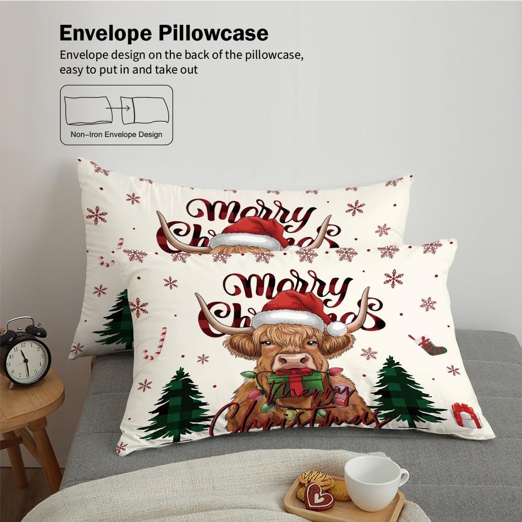 3-teiliges Weihnachten Highland Kuh Druck Kernloses Feiertags-Bettwäscheset Weich Bequem Schlafzimmer Wohnheim Mehrere Größen Maschinenwaschbar