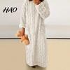 Lyxig Jacquard Loungewear Damflanell Nattlinne Fluffigt Plysch Varm Rundhalsad Lång Sovkläder Lös Vintertröja Nattlinne med Fickor