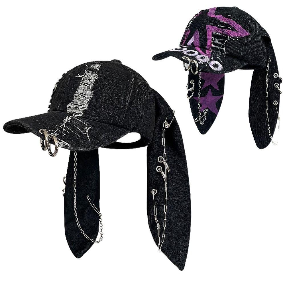 Ripped Design Rabbit Ears Baseball Cap Dark Color Y2k Trend Cap Metal Ring Cap Fashion Statement