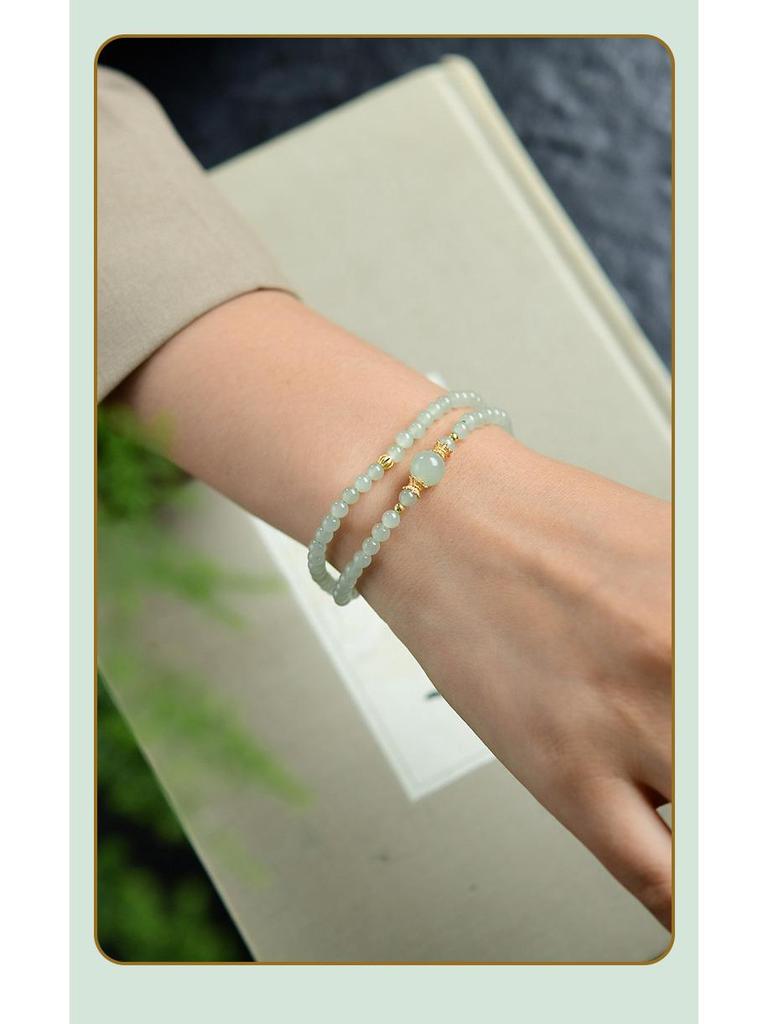 Fresh Hetian Jade & 925 Silver Double Circle Bracelet with Luck Beads